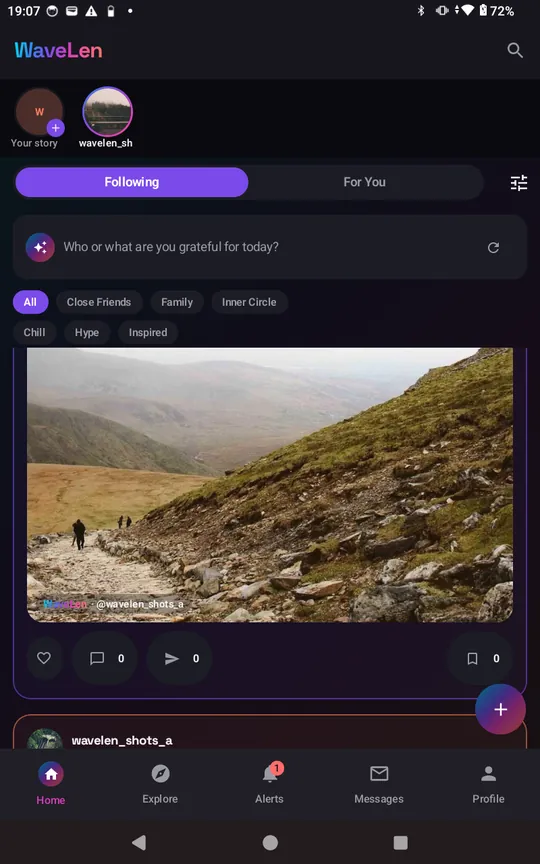The WaveLen feed: a friend's hiking photo, with circle filters like Close Friends and Family above it.